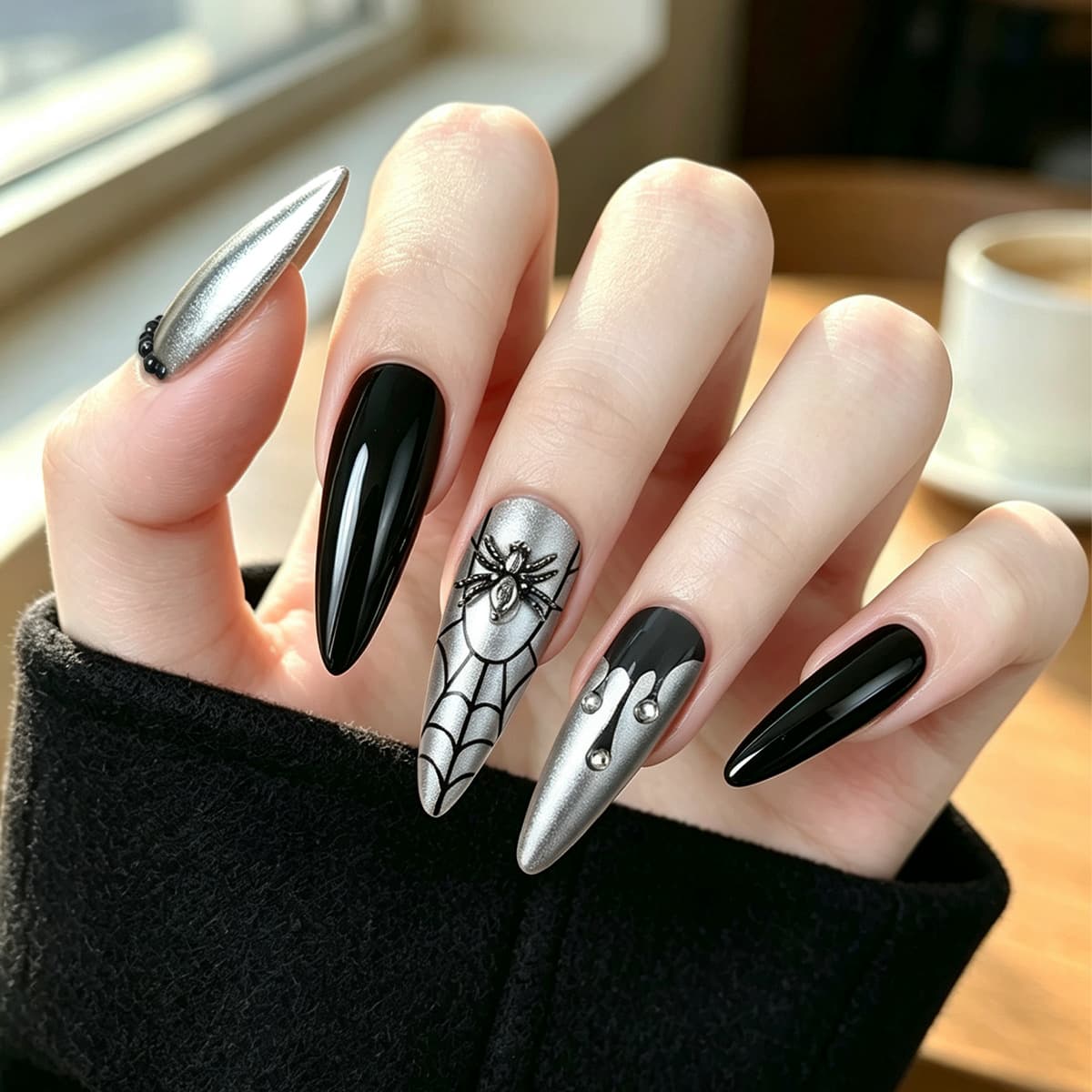 Best-Selling in Europe and America Black-Edge Spider Web Long Nail Art, Silver Base Spider Long Pointed Press-On Nails, Halloween Wearable Nails