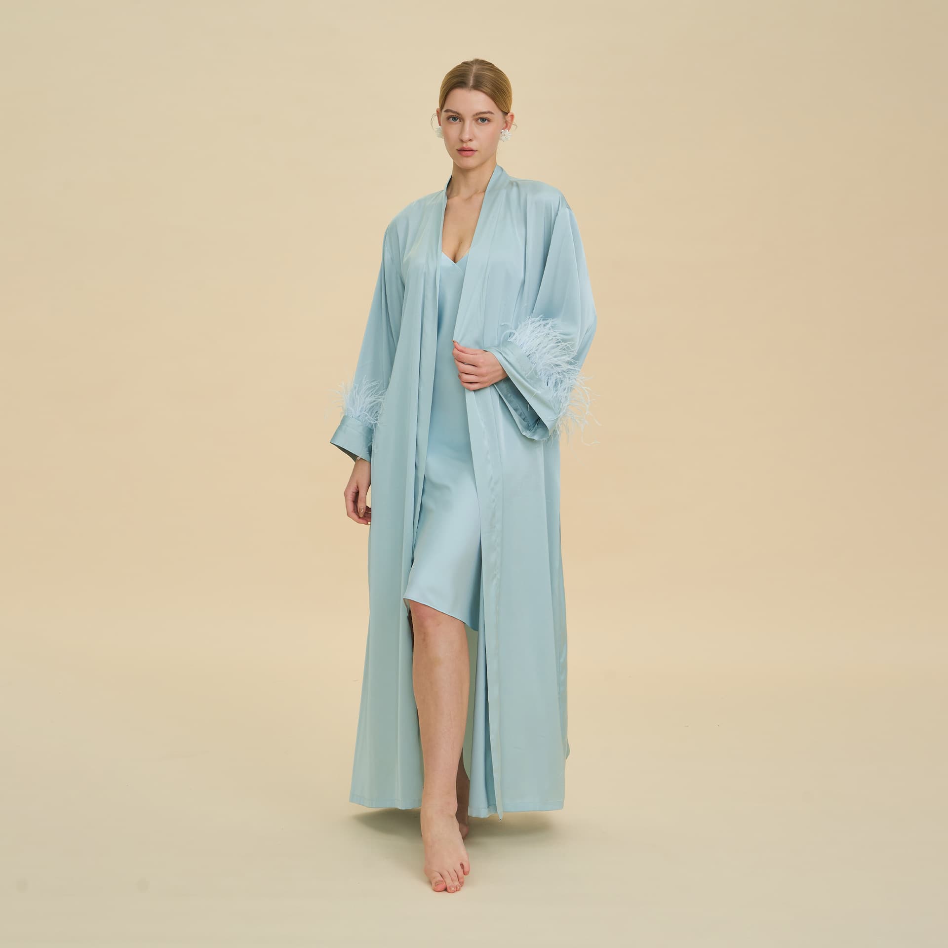 Women's Autumn WB New Feather Bathrobe PJ Bridesmaid Luxury Long Robe Sleep Dress Two-Piece Set Ladies' Homewear