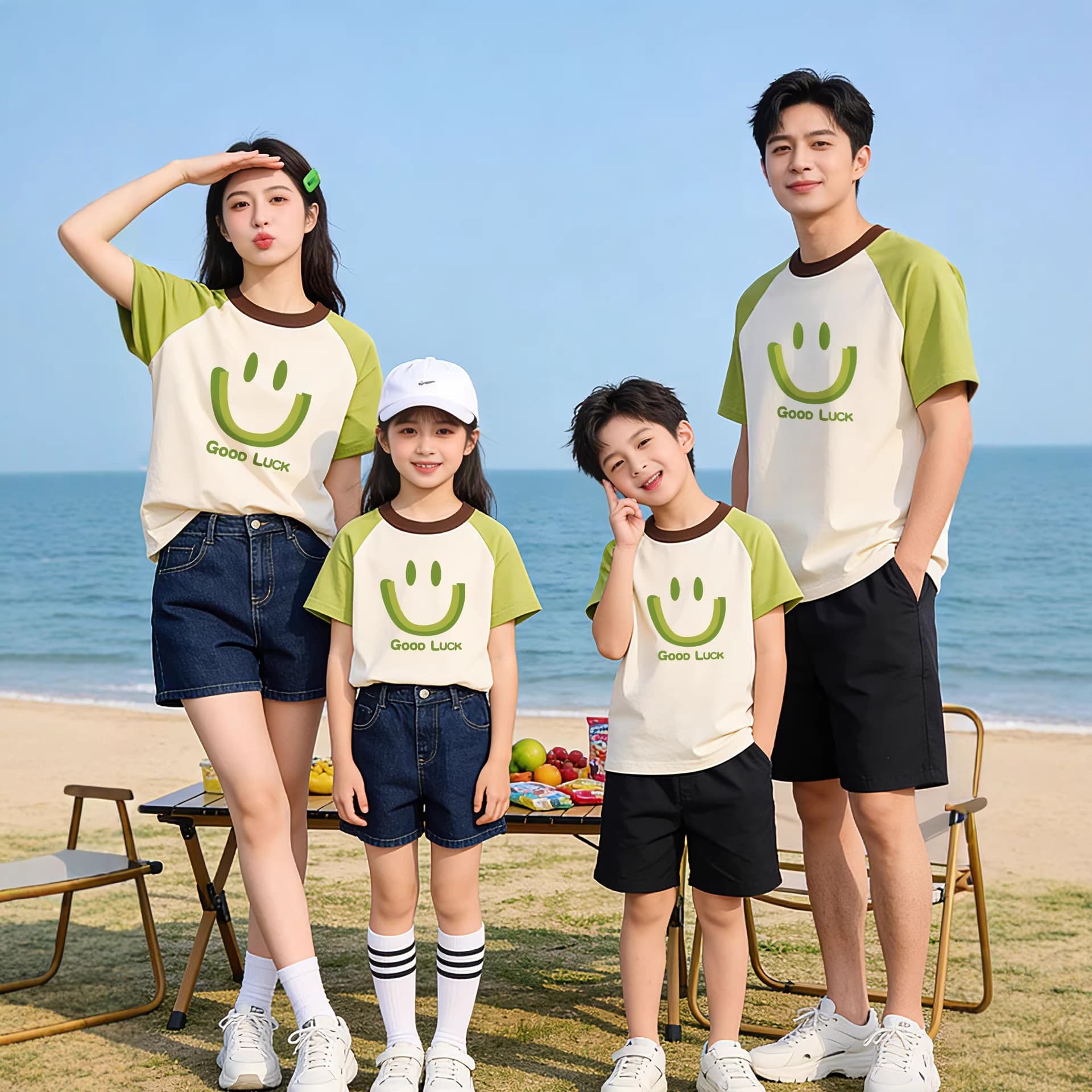 Korean-style simple summer parent-child matching T-shirt, contrast color, pure cotton casual travel vacation mother-daughter top short sleeve