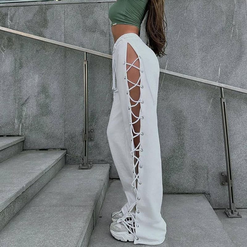 2024 Cross-Border European and American Women's New Street Style Slim Side Slit Eyelet Lace-Up Hollow Out Foreign Trade Wide-Leg Long Pants