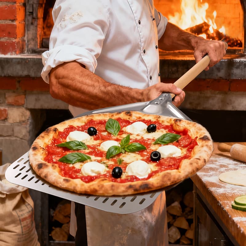 430 Stainless Steel Perforated Pizza Peel with Wooden Handle, Oven Shovel, Cake Transfer Spatula, Pizza Turner, Kitchen Baking Tool