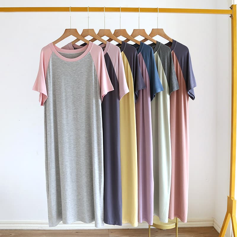 Modal Air Conditioning Nightgown Women Long Dress Sleepwear Homewear Short Sleeve Color Block Summer Thin Round Neck Plus Size Dress