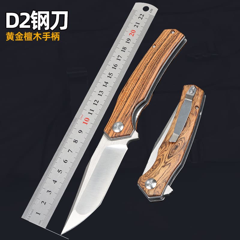 Cross-border spot folding knife gold sandalwood handle D2 multi-function folding knife pocket knife folding portable pocket knife