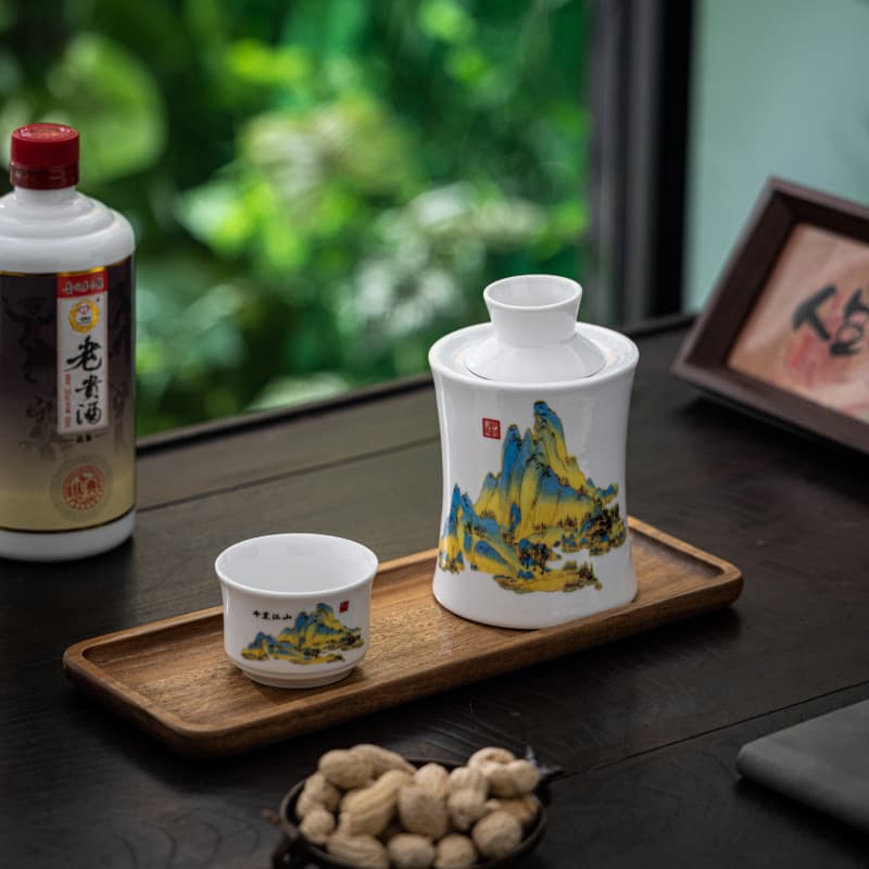 Thousand Miles Landscape Ceramic Wine Warmer Pot, Home Use Sake Heater Set, Antique-Style Warm Rice Wine with Three-Liang Liquor Cup