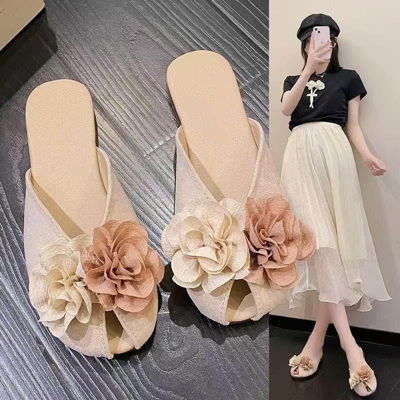 Women's Slippers, French Open-Toe Slippers, Mary Jane Shoes, Flats, Floral Flats, Mules, Spring and Summer Evening Style Women's Shoes