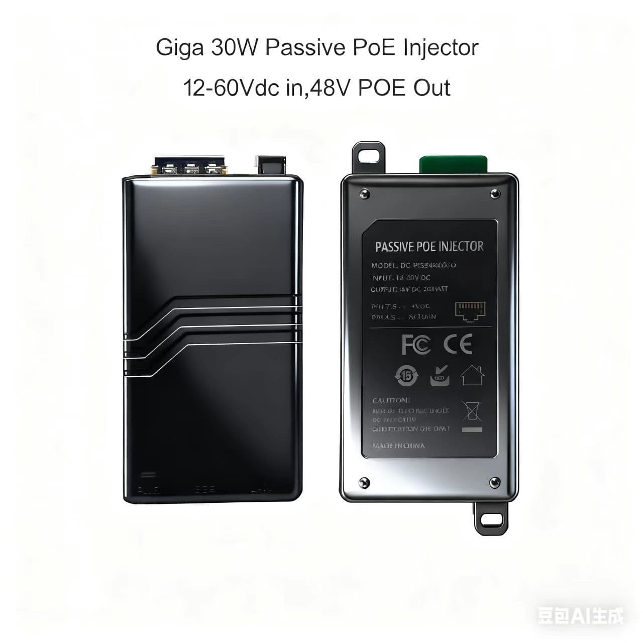 1000M active/passive PoE injector 30W, 12-60Vdc 3P input