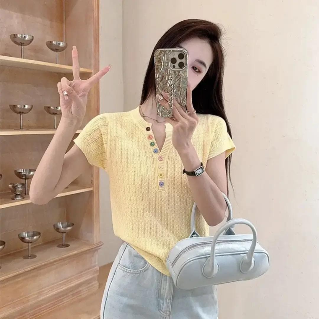 Korean Style Fashion Versatile Slim Knit Top Women 2025 Summer New Design Sense Small Color Button Short Sleeve Blouse