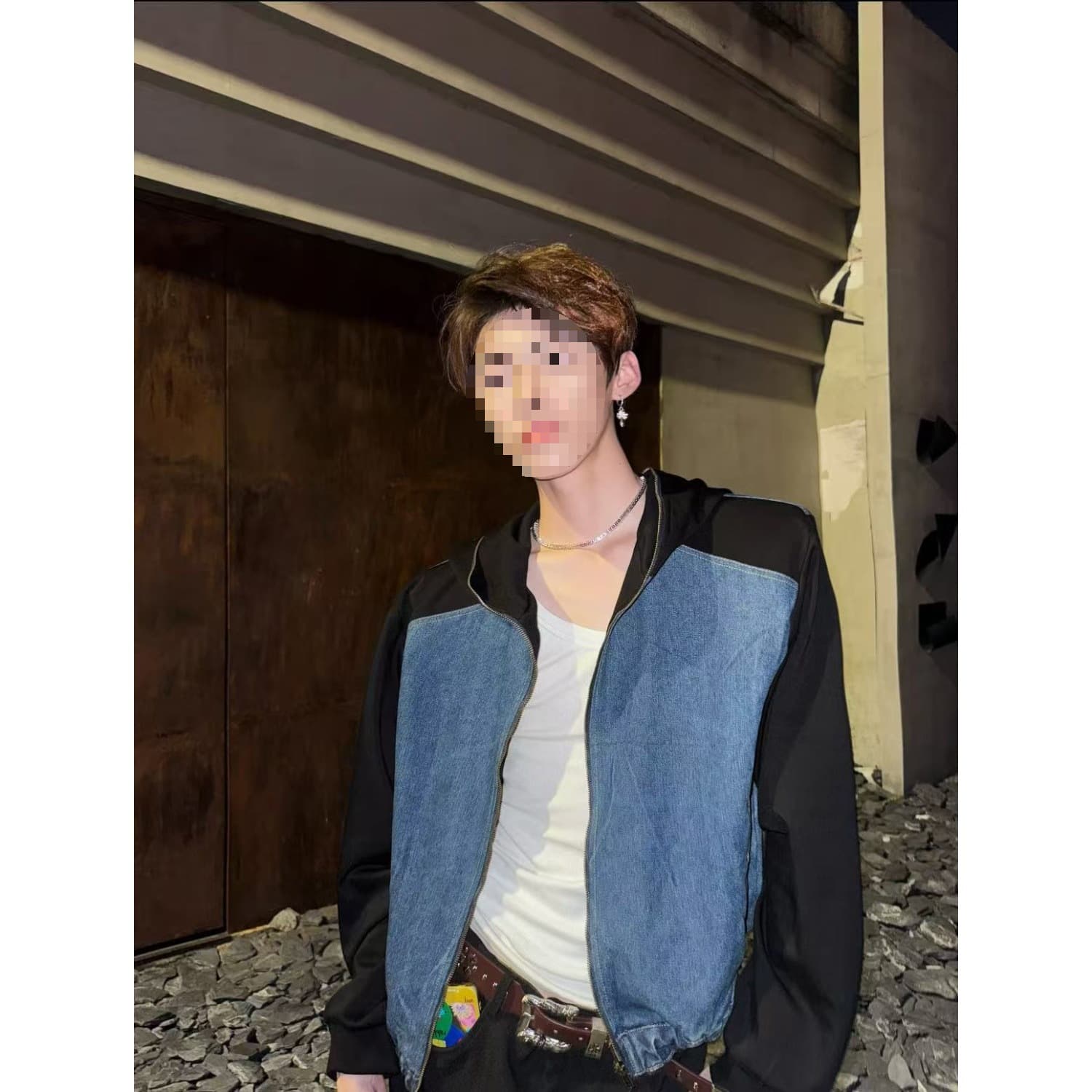 Denim Patch Short Shoulder Pad Jacket Men Spring Autumn Hip Hop American High Street Trendy Loose Hooded Coat