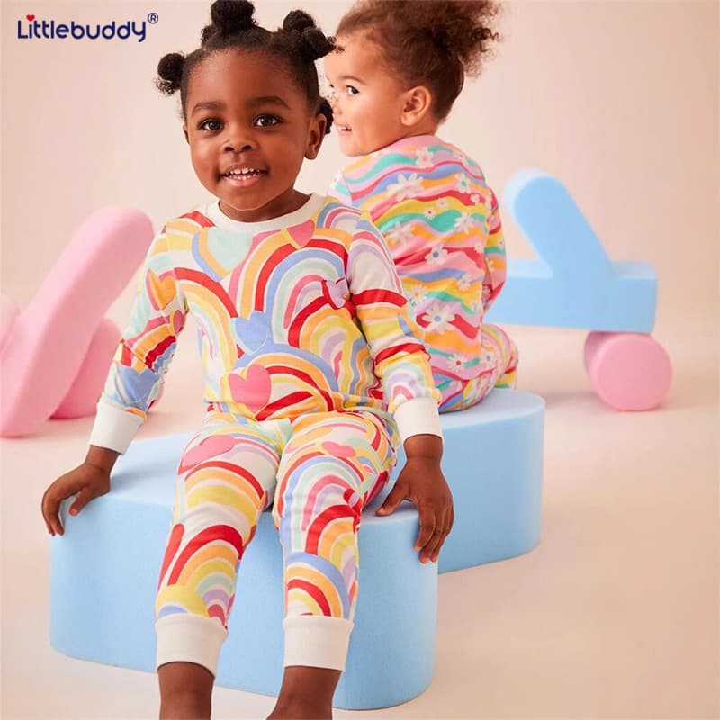 Children's Cotton Girls Baby Cartoon Long Sleeve Pajama Set Loungewear Comfortable Wearable as Base Layer or Outerwear
