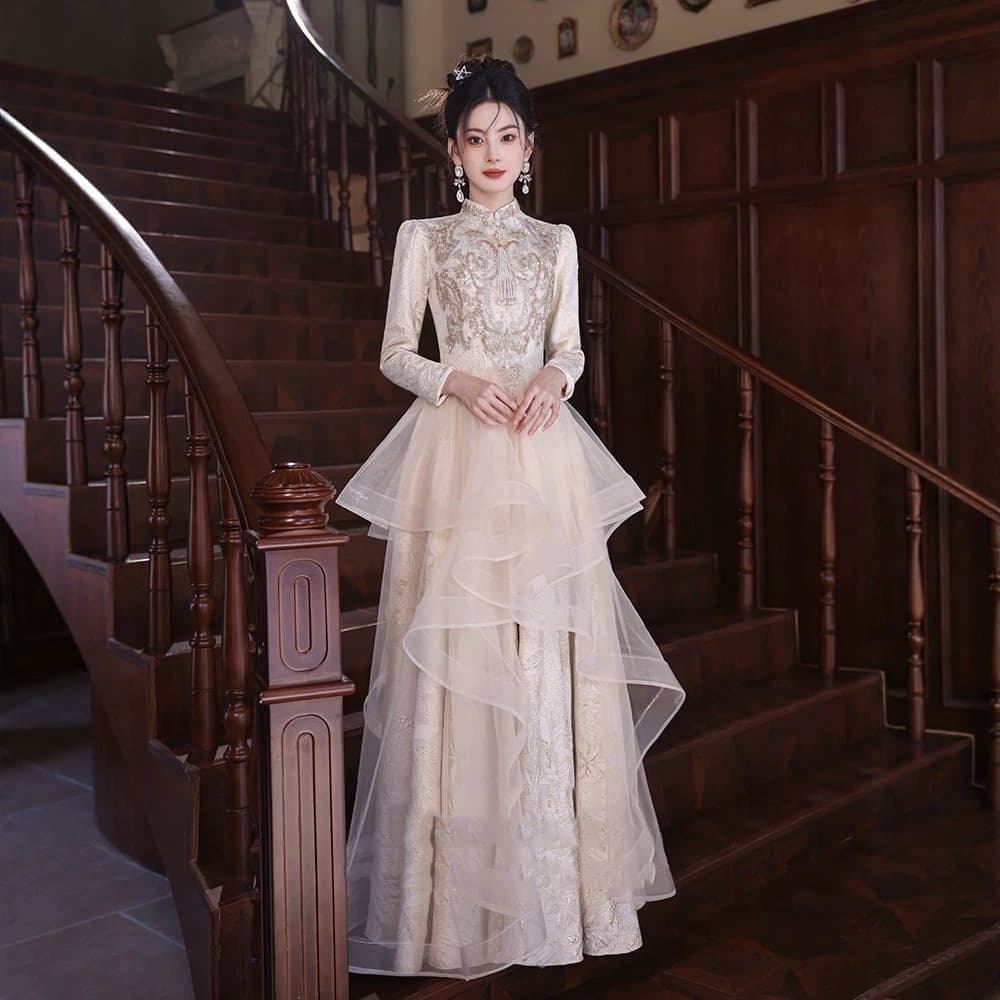 Champagne New Chinese Style Evening Gown for Women, Stand Collar Jacquard Fringe Long Sleeve Banquet Annual Meeting Host Long Dress