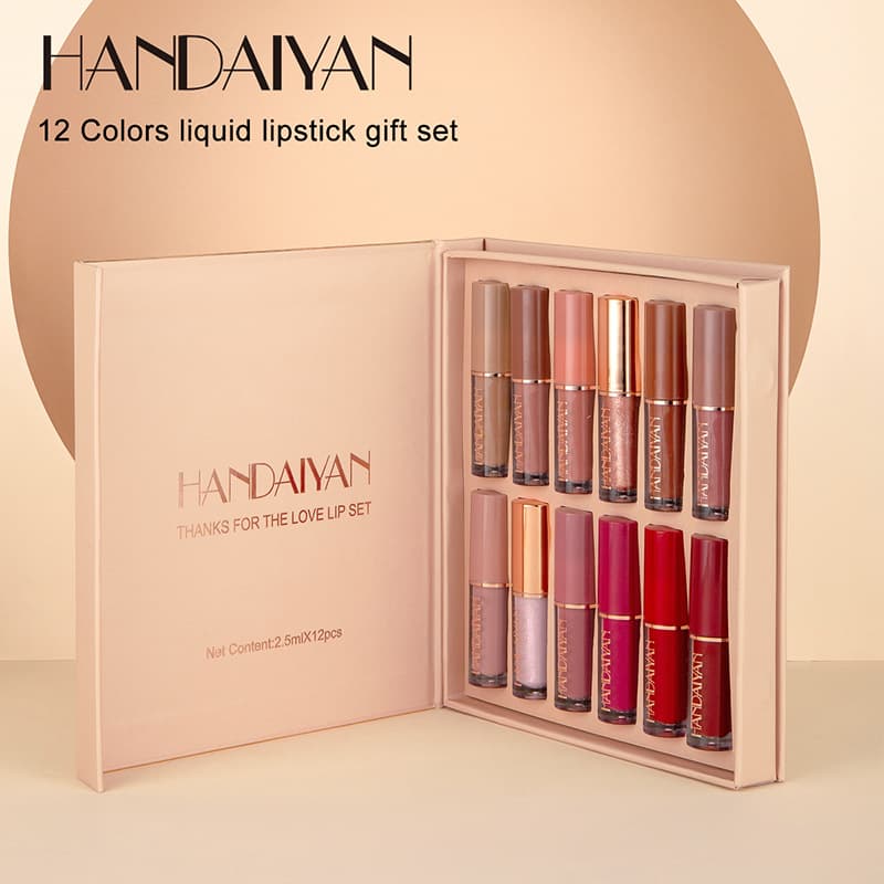 Cross-border Hot-selling 12-Color Book Lip Glaze Set Liquid Lipstick Mirror Pearlescent Waterproof Non-stick Cup Lip Gloss Wholesale