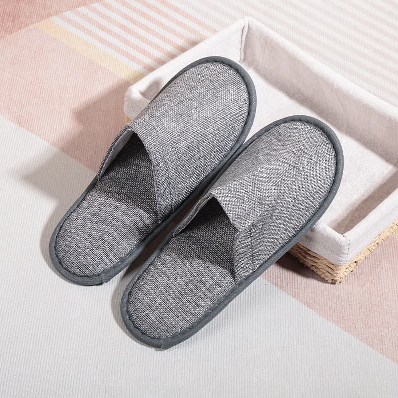 Hotel Disposable Slippers Gray Linen Non-Slip Willow Pattern 6mm Sole White Coral Fleece Guest Slippers