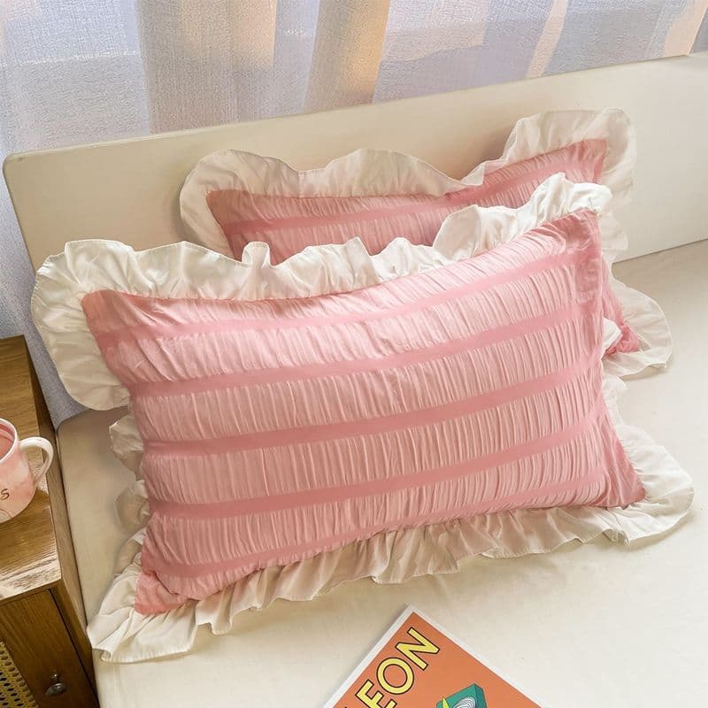 Pillowcase with Ins-style Girly Princess Vibe, Fresh and Cute Solid Color Single Korean Lace Dormitory Student Women's Minimalist