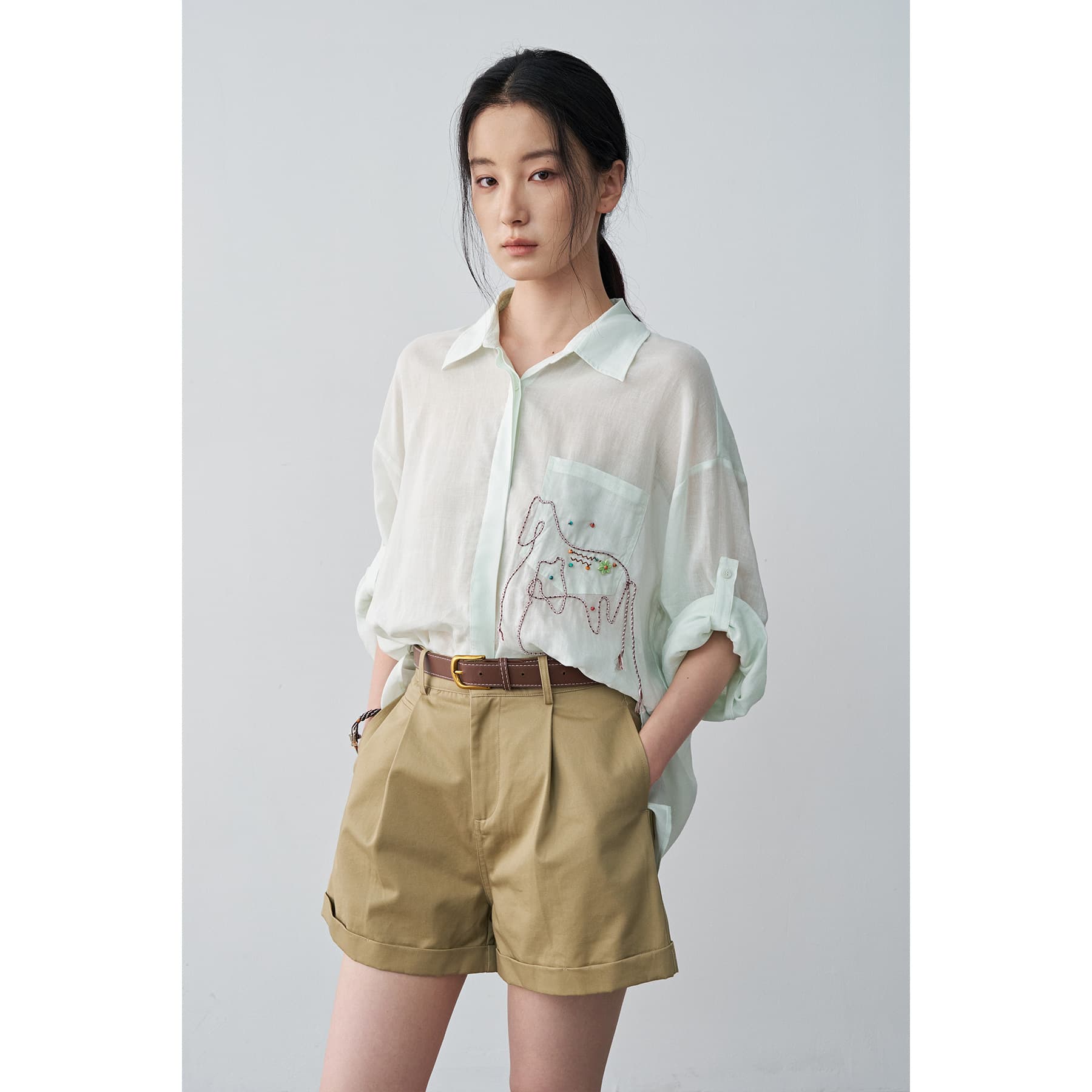 NEIHE Ramie Lightweight Line Horse Embroidery Shirt Summer Casual Sun Protection Top 258599