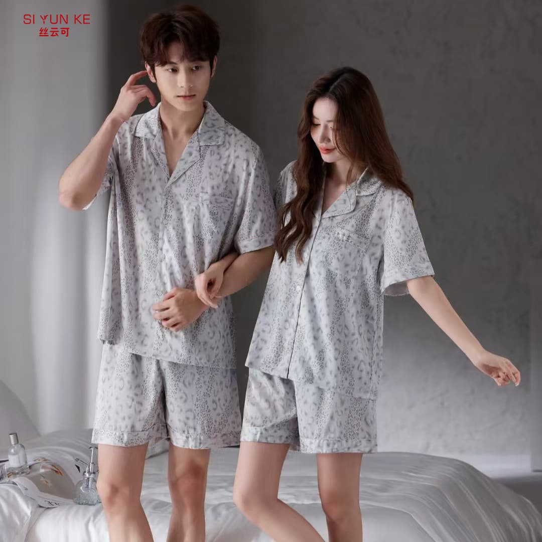 Couple Sleepwear Summer Thin Light Luxury Leopard Print Premium Short Sleeve Shorts Set Wearable Outside Homewear Men and Women