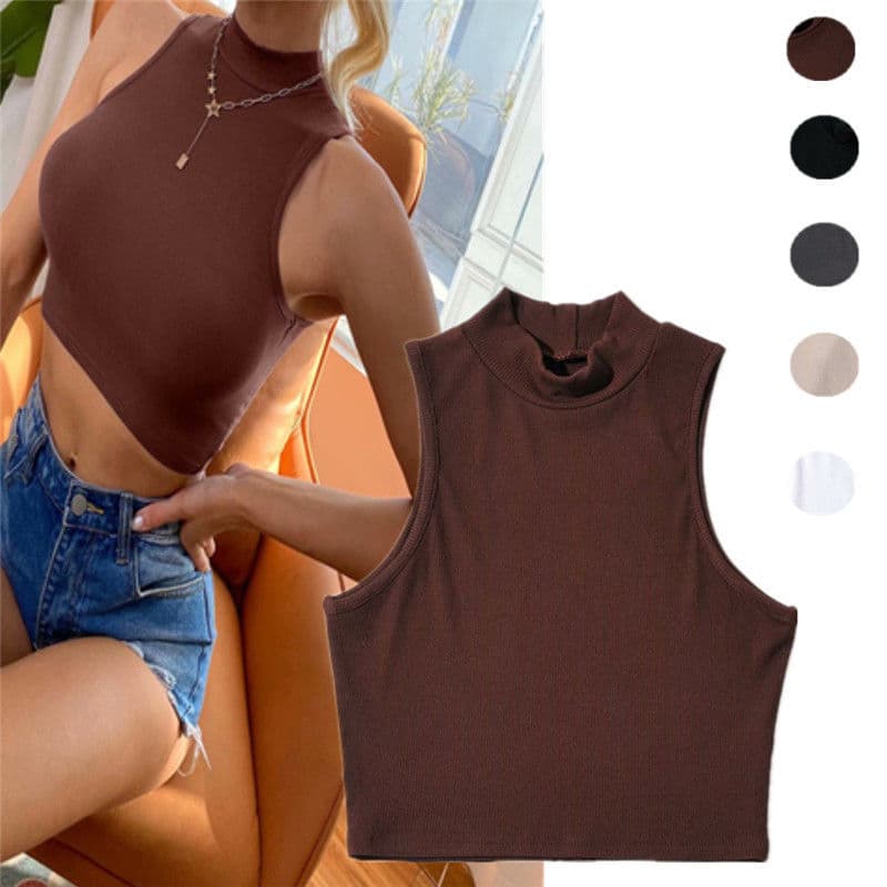 American Retro Half High Collar Sleeveless Vest Women Slim Short High Waist Belly Button Exposure Inner Wear Elastic Spicy Girl Top