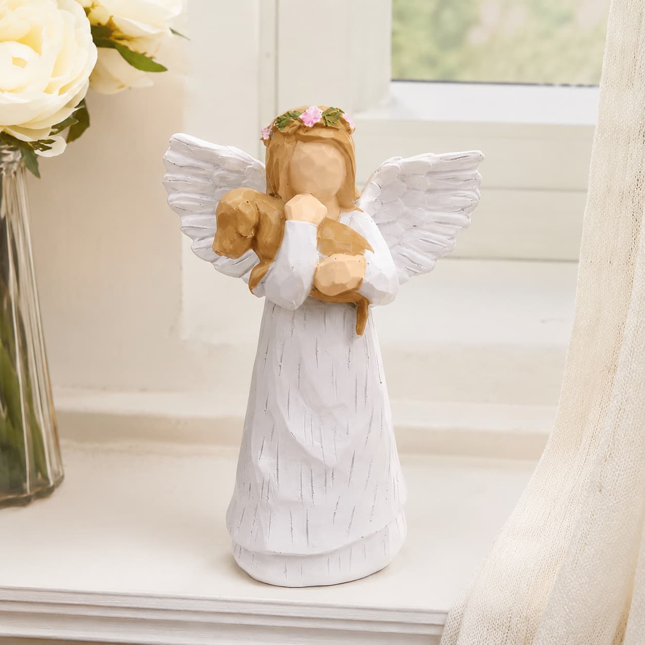 Angel holding puppy and angel bouquet, resin ornaments, gentle home desktop decoration, pet commemorative crafts