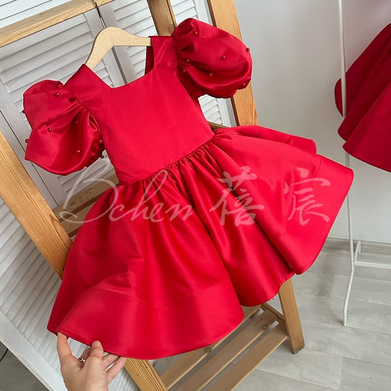 Red Princess Dress Children's Formal Wear Satin Fabric Piano Performance Hostess Skirt Birthday Year Old Girl's Gown