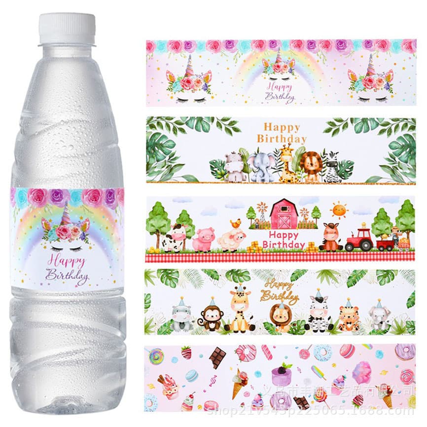 Rainbow Unicorn Jungle Animal Birthday Party Water Bottle Label Rectangular Paper Plastic Drink Bottle Sticker