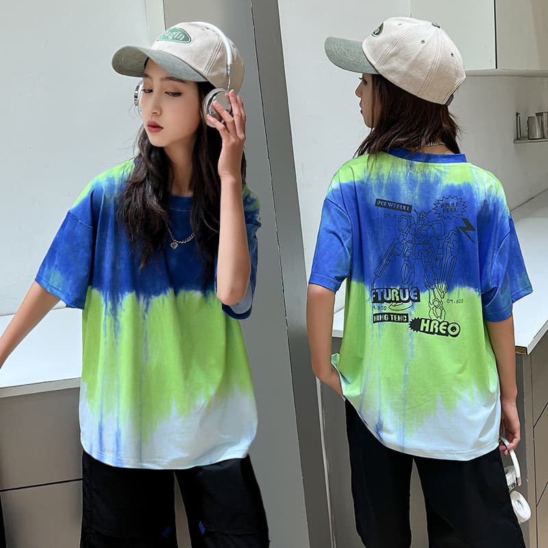 Quick Dry Short Sleeve Gradient Loose Cool T-Shirt for Girls Summer Sport Style Polyester Fiber Comfortable Breathable Tee