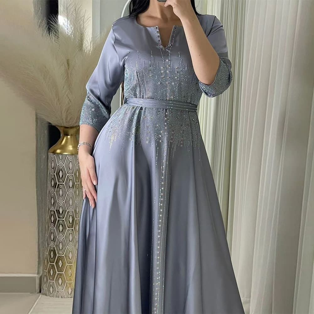 XQY500247 Cross-border Amazon Satin Dress Gown with Rhinestone Evening Long Robe