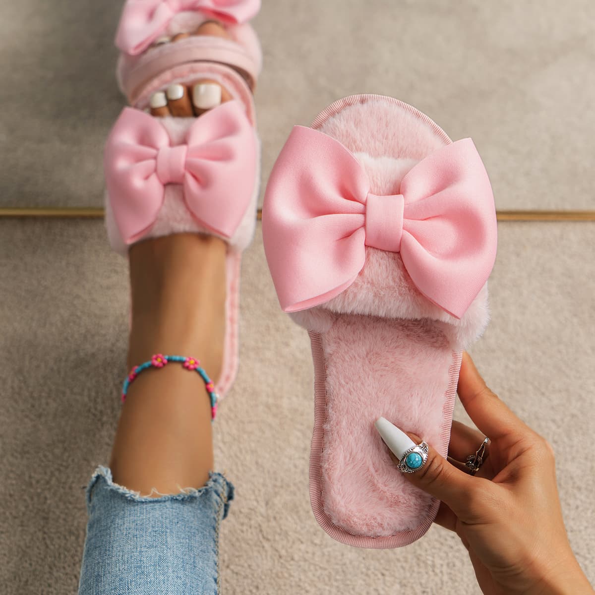 New Bow Plush Cotton Slippers for Women Autumn Winter Indoor Outdoor Cute Flat Open-Toe Slippers Fashion Korean Style