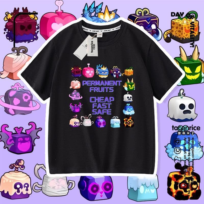 Blox Fruits T-Shirt Kids Short Sleeve Summer Top Boys Roblox Game Fruit Box