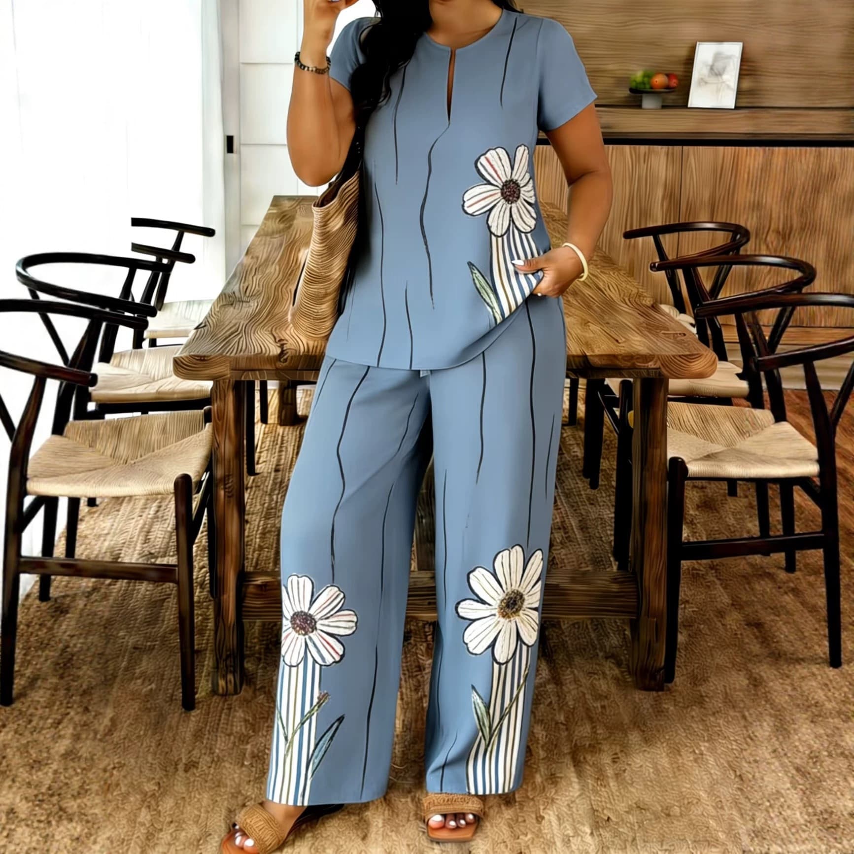Cross-border women's clothing spring and autumn Amazon women's v-neck printed casual sports women's long clothes group trousers trendy sets