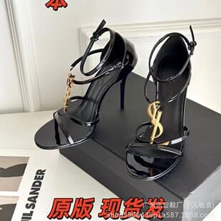 High-end One-Strap Stiletto Heel Sandals for Women Summer New Metal Letter Buckle Stiletto Open-Toe Black High Heels