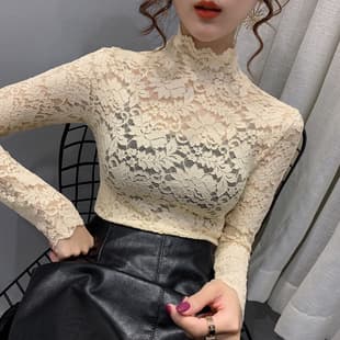 New Hollow Lace Base Layer Slim Fit Long/Short Sleeve T-Shirt Women Autumn Winter Half High Neck Slimming Wholesale Drop Shipping