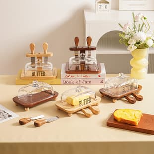 Cross-Border Hot Selling Wooden Butter Dish with Glass Lid and Butter Knife Cheese Cake Dessert Acacia Wood Display Stand