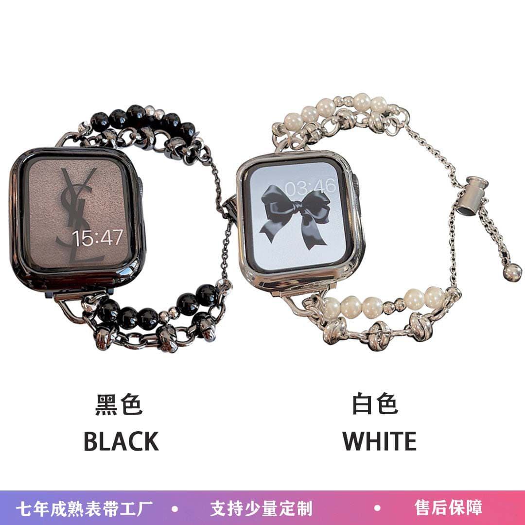 Compatible with Apple S8 Watch Band for Apple Watch, Xiaoxiangfeng Pearl Stainless Steel Metal iWatch SE Band