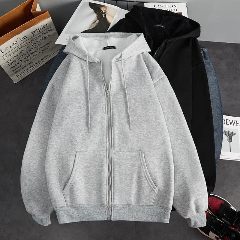 Autumn Winter Fleece-Lined Thick Hooded Zip-Up Sweatshirt Men's New Warm Solid Color Zip Jacket Casual Top Trendy