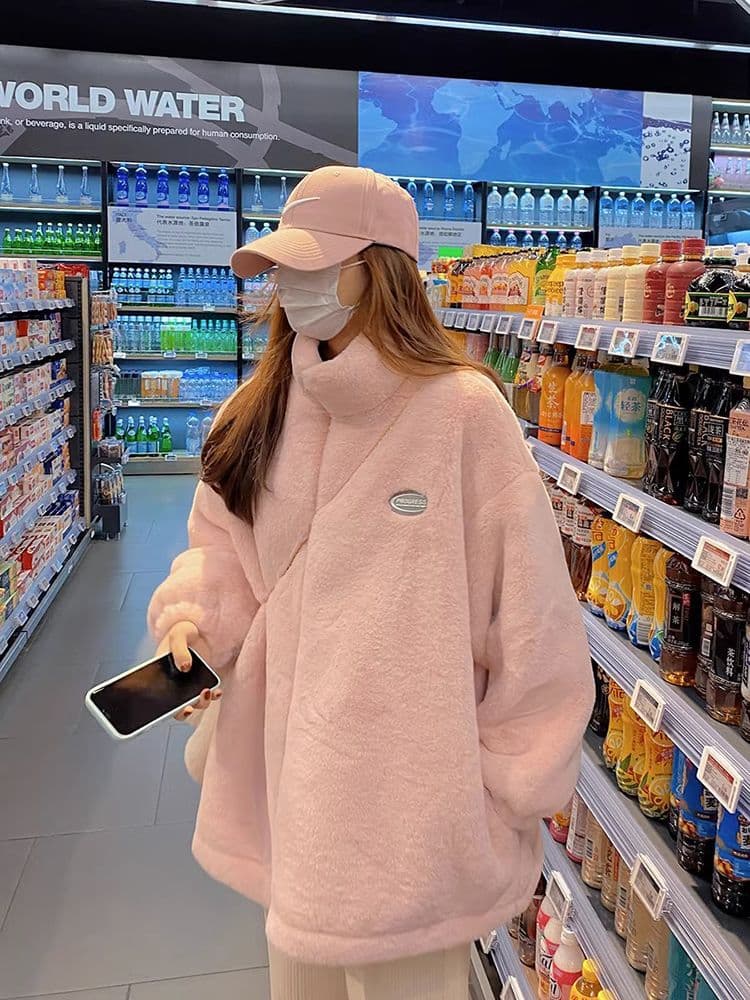 Winter pink furry jacket women new style mink stand-up collar loose warm faux fur cute style lamb wool top.