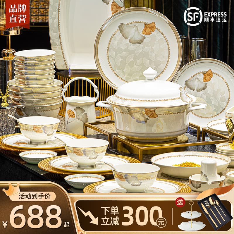 2027 Bowl and Plate Set Bone China Home Jingdezhen Light Luxury Ceramic Bowl and Plate Combination Housewarming Dinnerware Set