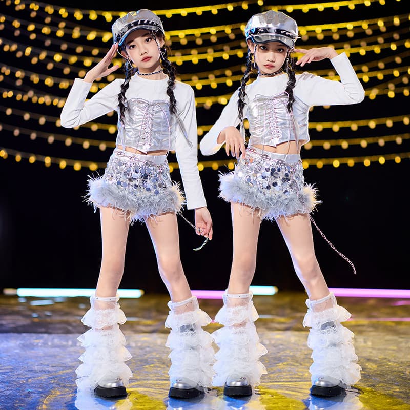Hip-hop shiny leather street dance pants, fashionable girls' jazz dance outfits, girls' suits, children's model runway New Year's Day performance