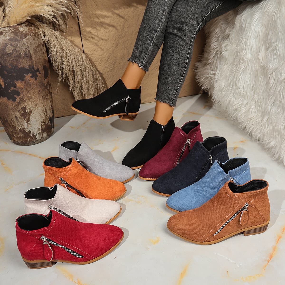 Independent Site Wish Export Women's Shoes New Chunky Heel Large Size Women's Boots Suede Martin Boots Low Heel Side Zipper Short Boots Women