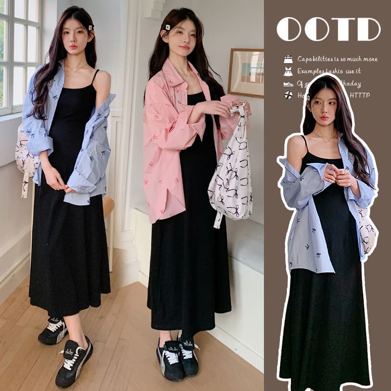 In Stock Real Shot ~ Early Autumn Butterfly Print Shirt + Slip Dress Two-Piece Set Pink Shirt Blue Shirt