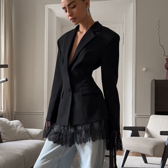 Women's Black Blazer with Soft, Niche Design – Slim Fit, Waist-Cinching, Long Sleeve, Lace Patchwork for Spring