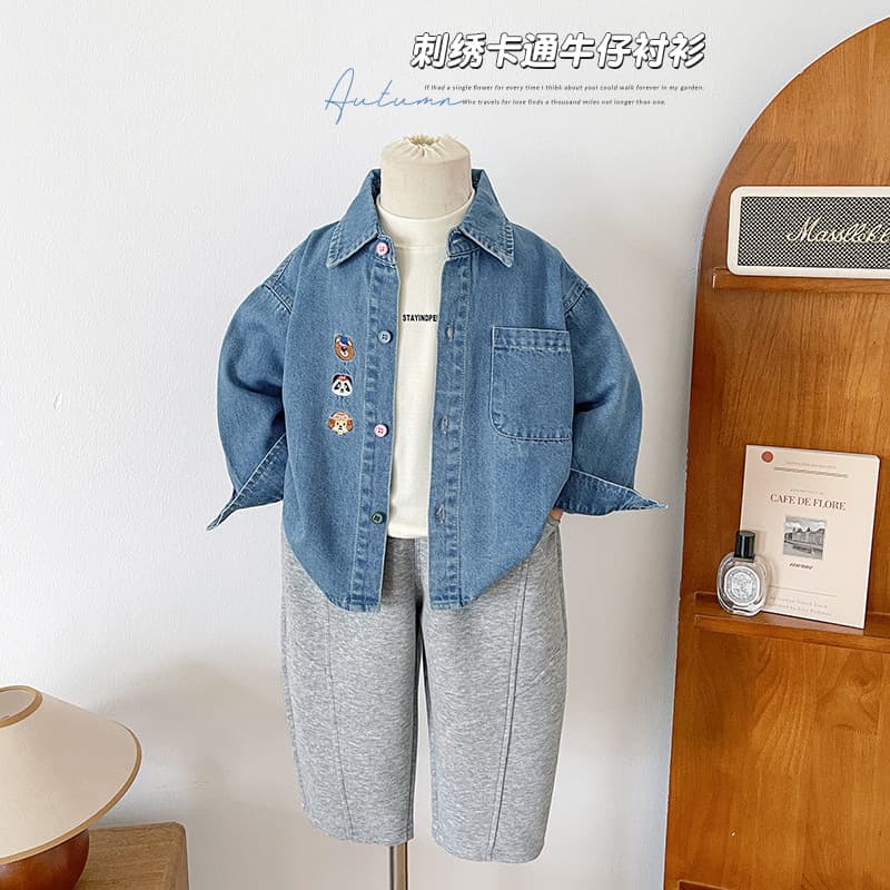 Valley of the Wind 2025 Autumn New Arrival Kids' Wear Children's Korean-style Versatile Denim Jacket Unisex Cartoon Embroidered Shirt