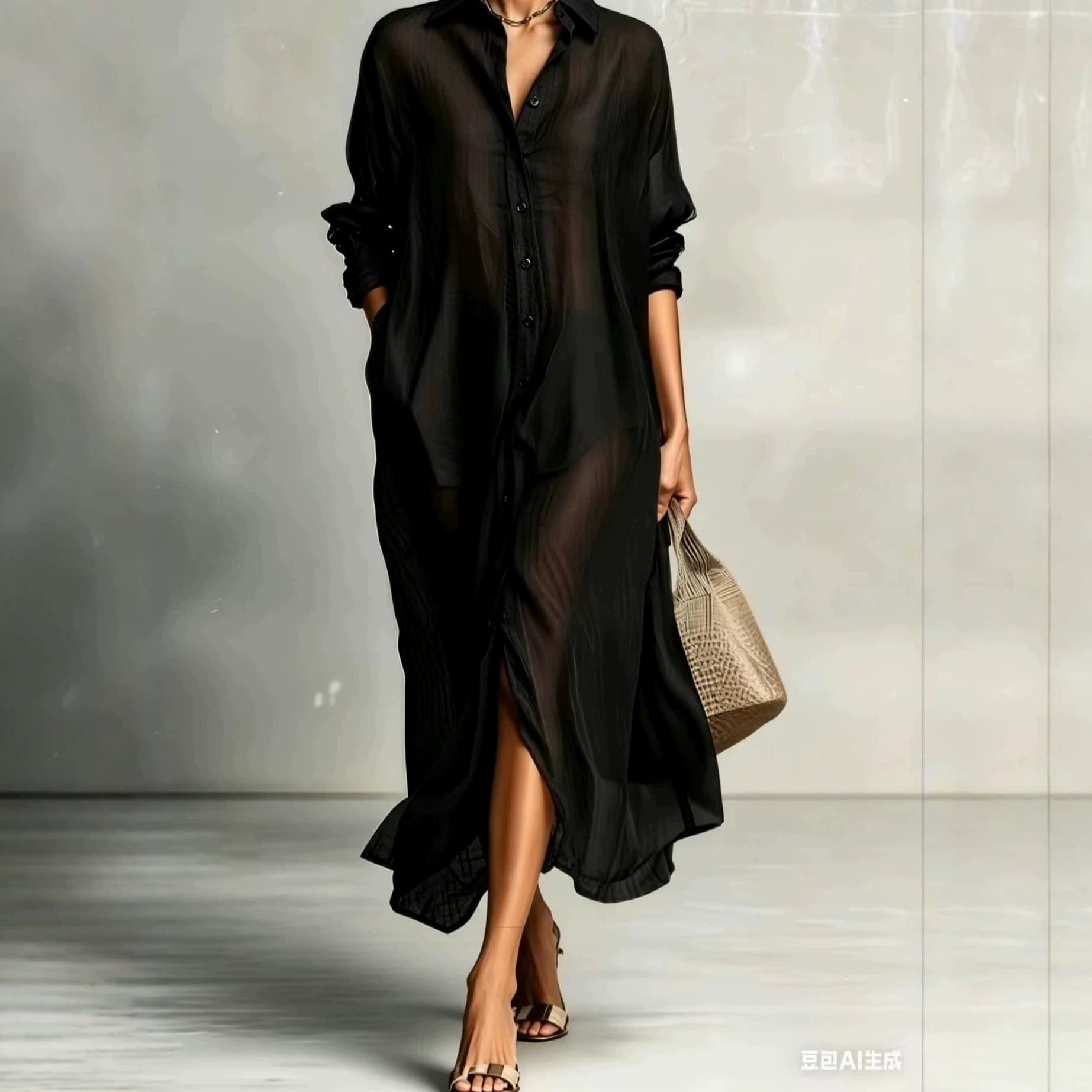 Black loose cardigan dress for women, new summer style, slim, long, versatile French dress