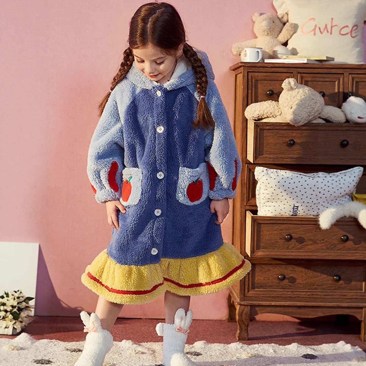Snow White Kids Robe Fall Winter Flannel Thickened Warm Pajamas Girls Coral Fleece Home Wear Princess Style
