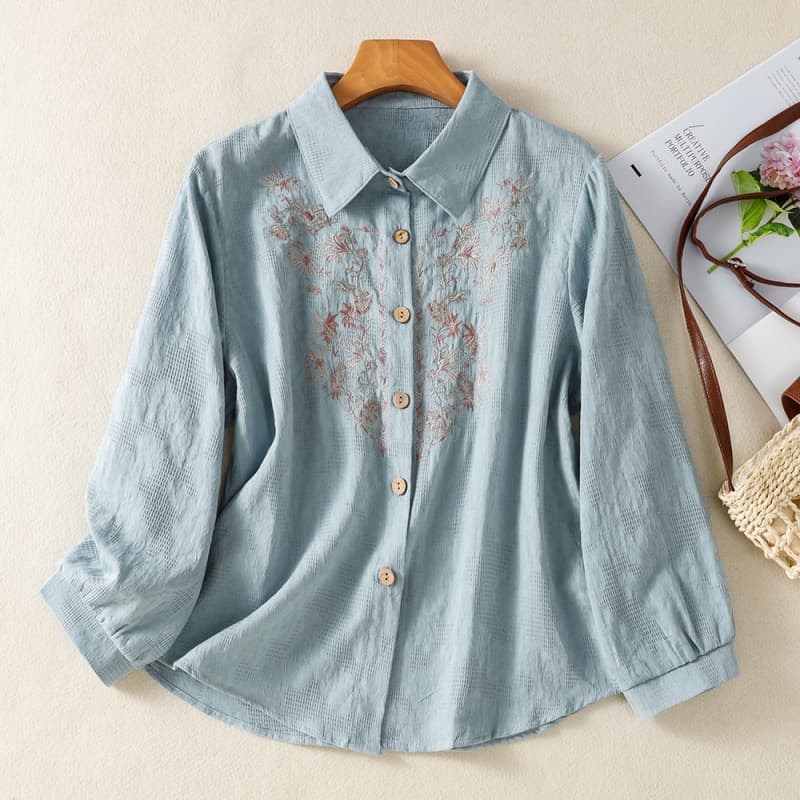 Middle-aged and elderly mothers cotton embroidered floral three-quarter sleeve blouse for women, versatile ethnic style top for grandmothers