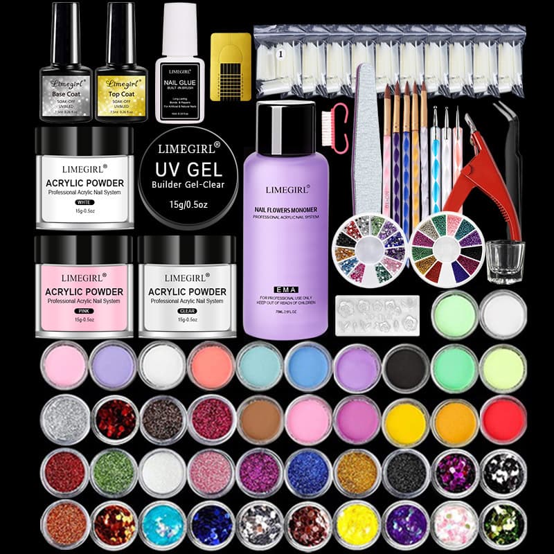 42 Colors Crystal Powder Set White French Nail Tips Practice Kit Base Coat Top Coat Nail Art Supplies Gel for Manicure