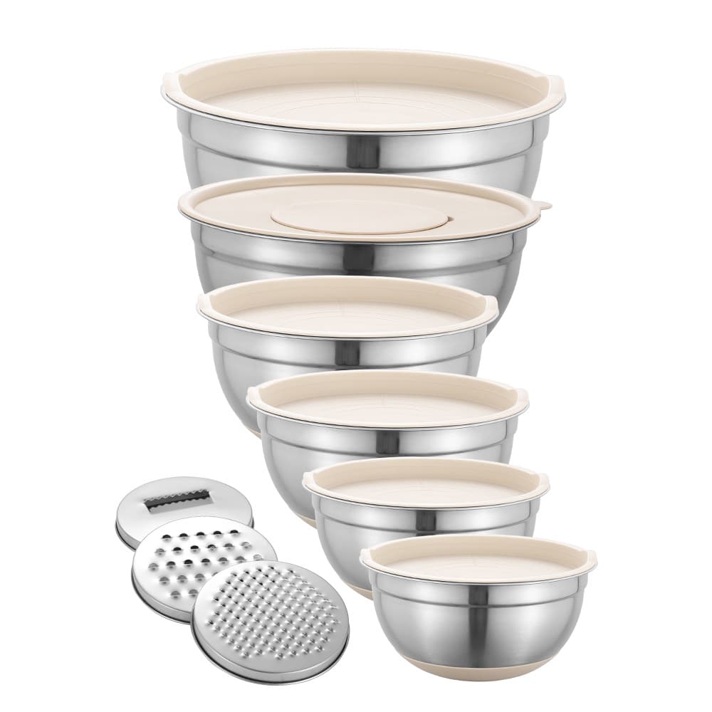 Khaki black silicone-bottom stainless steel salad bowls with anti-slip design, covers, graters, and egg beating bowl sets for baking and stirring.