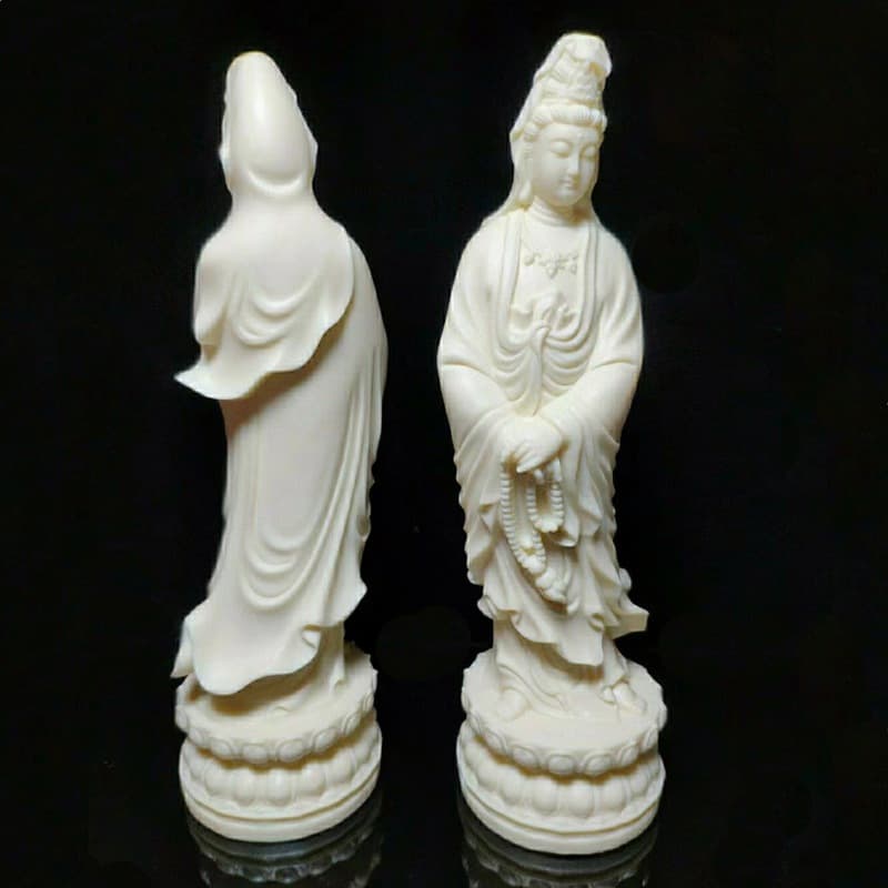 Resin Imitation Ivory Bodhisattva Statue with Prayer Beads, White Guanyin Craft, Guanyin Holding Prayer Beads and Ruyi