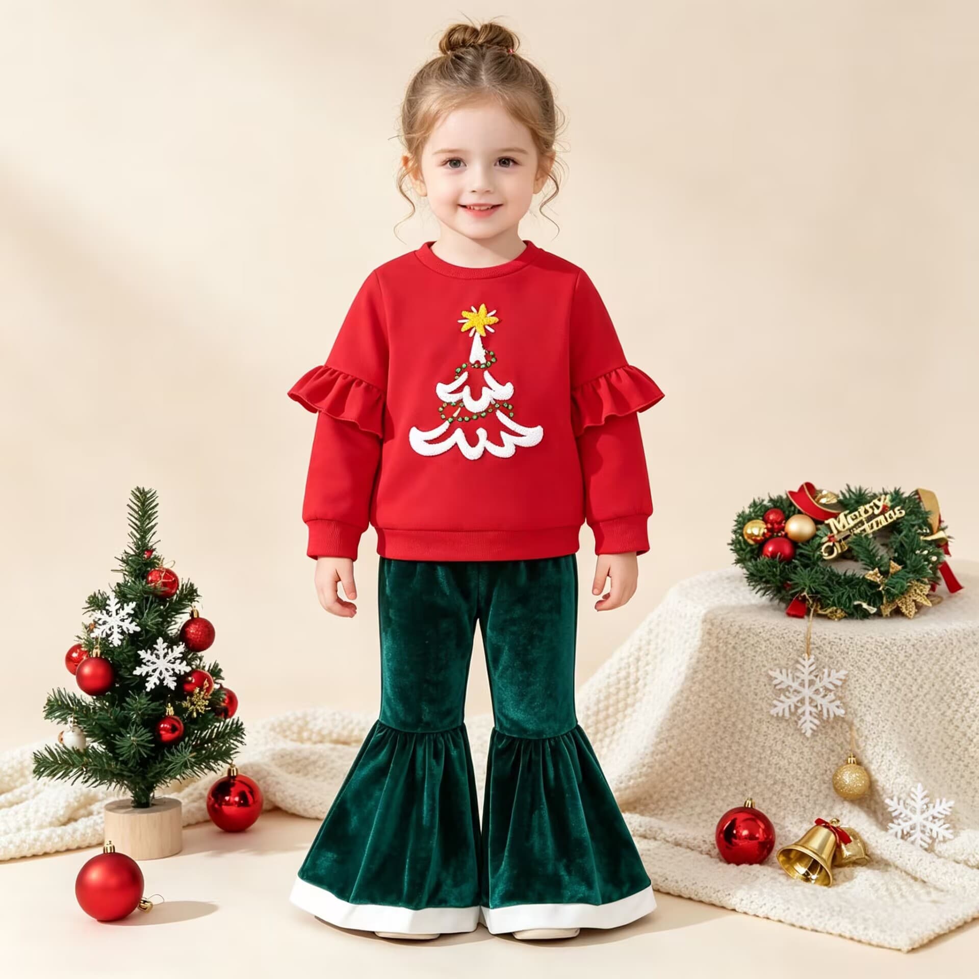 Girls' Christmas Outfit Set with Ruffled Sleeve Top and Velvet Flared Pants for Toddlers and Kids
