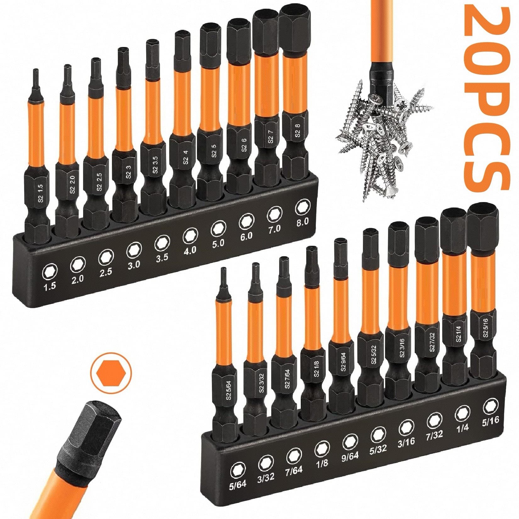 20PCS Hex Key Set, Torx Bit Set, Black S2 Steel, Impact Resistant, 25mm and 50mm Length, Cross-Border Amazon