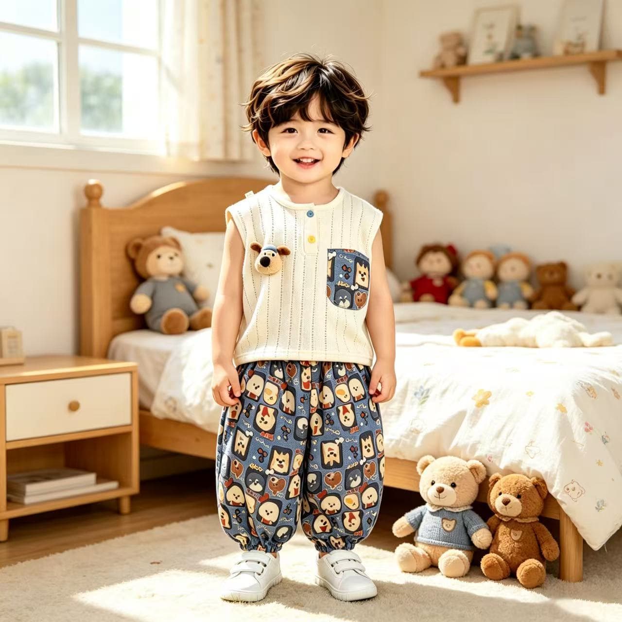 New Summer Kids Hollow Vest Set Sleeveless Boys Girls Breathable Thin Long Pants Shorts Cute Toy