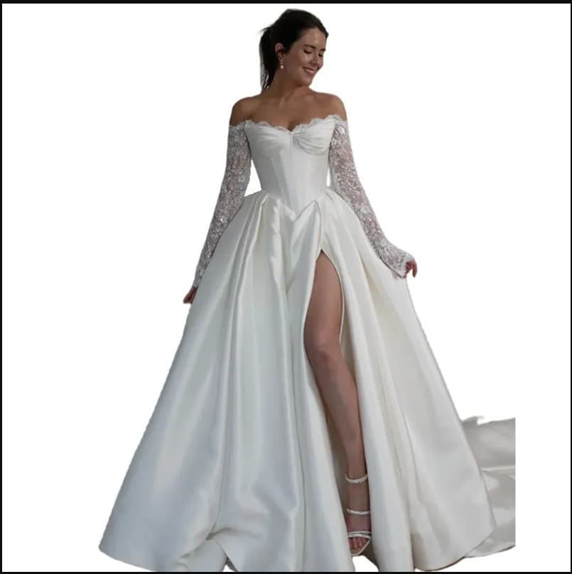 New Long Sleeve Strapless Wedding Dress 2026 New Style Bride Simple Fairy Satin Travel Photography Long Split Slim Fit